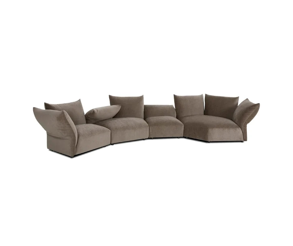 Ginevra modern sectional sofa in taupe fabric, shown for zoned seating in pet-proof sofa planning. 