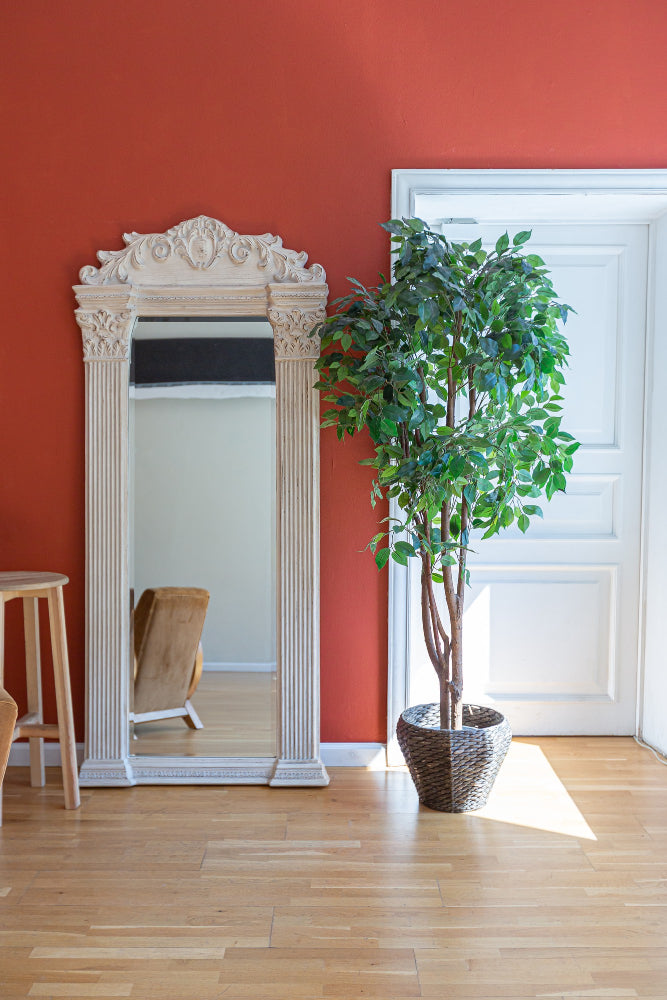 Grand floor-length ornate white mirror with carved column frame leaning against terracotta red wall beside large indoor ficus tree in wicker basket pot.