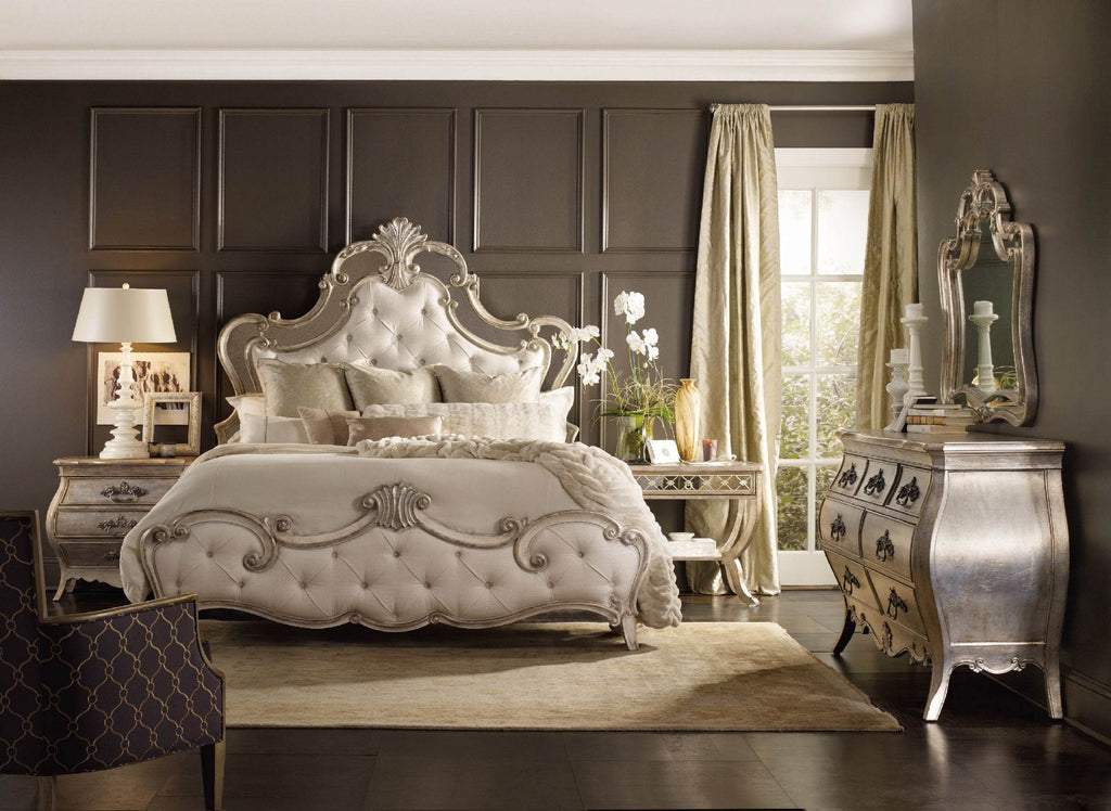 Baroque bedroom set with tufted upholstered bed, sculpted silver leaf headboard and matching dresser