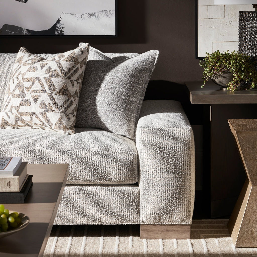 Custom American Made Vanguard Sofa in Luxurious Textured Light Grey Fabric.