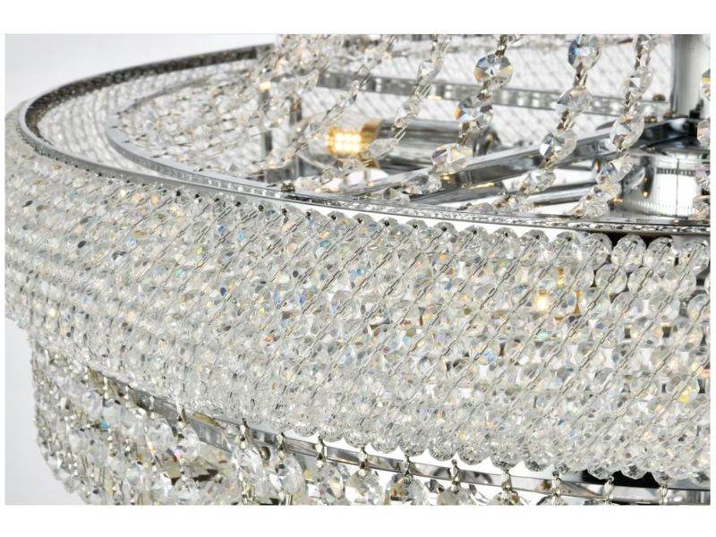 Close-up detail of a round chrome crystal chandelier with layered beaded strands and faceted crystal drops