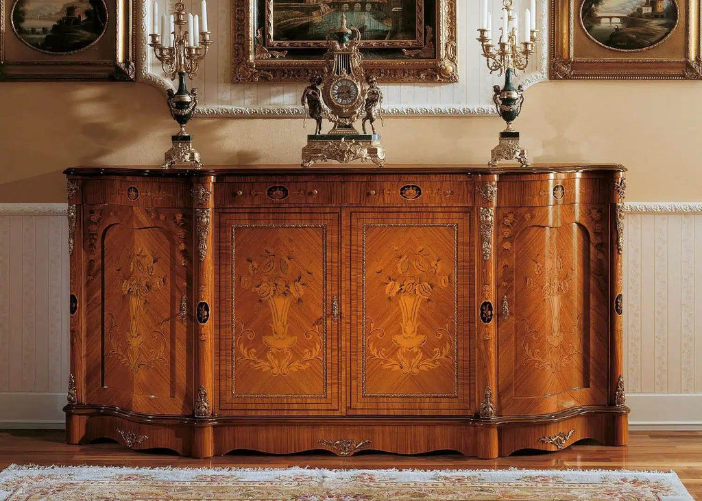 Italian buffet sideboard in rosewood with hand-carved floral marquetry and gold hardware