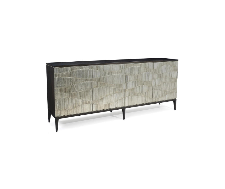 Modern black sideboard with textured silver wave-pattern doors and tapered legs.