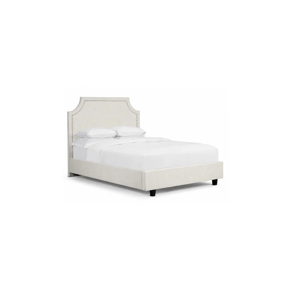 Andrea upholstered bed frame illustrating headboard height and profile choices for a master bedroom.