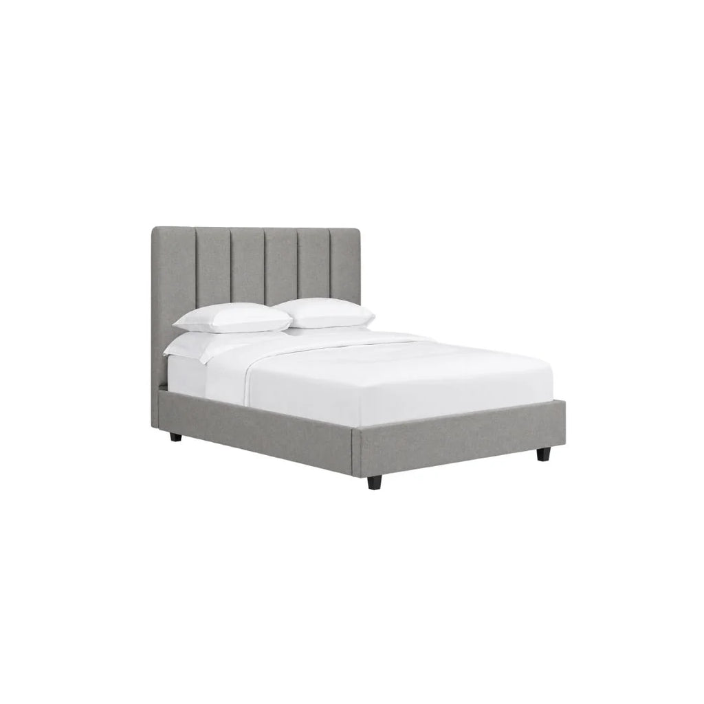 Heidi bed frame shown as a low profile option suited to small bedroom furniture in a Montreal condo. 