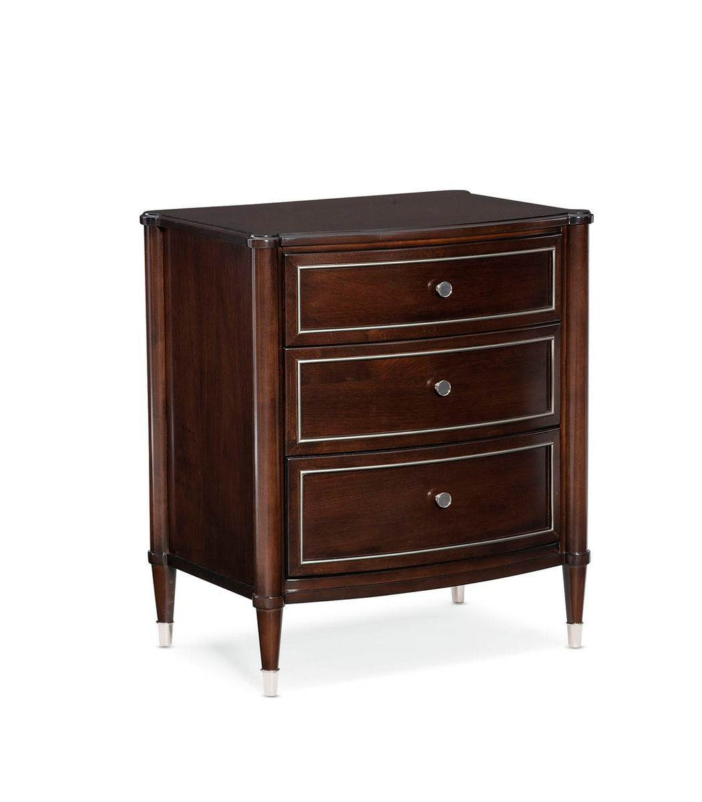 Heritage nightstand from Mobilart, referenced for slim bedside storage in a small condo bedroom. (