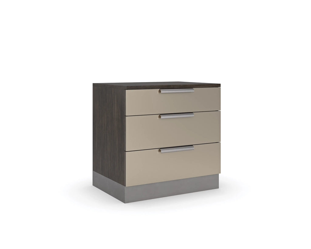Brady modern nightstand with drawer storage, shown for pairing proportion against a master bedroom bed.