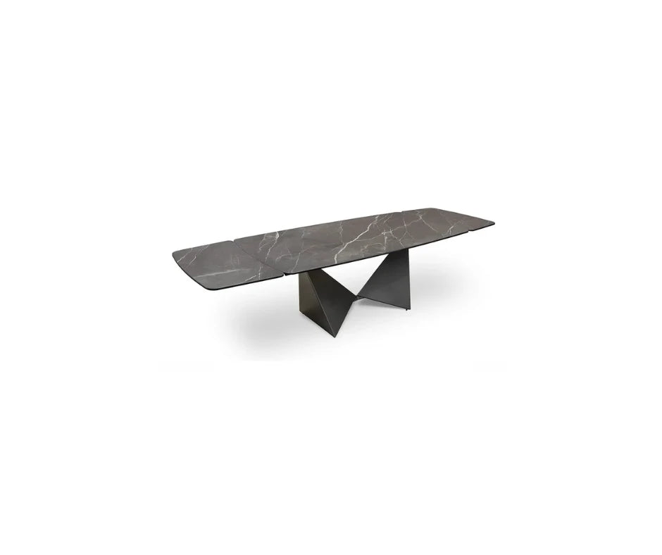 Emilio dining table from Mobilart, illustrating an extendable option within the shape comparison guide. 