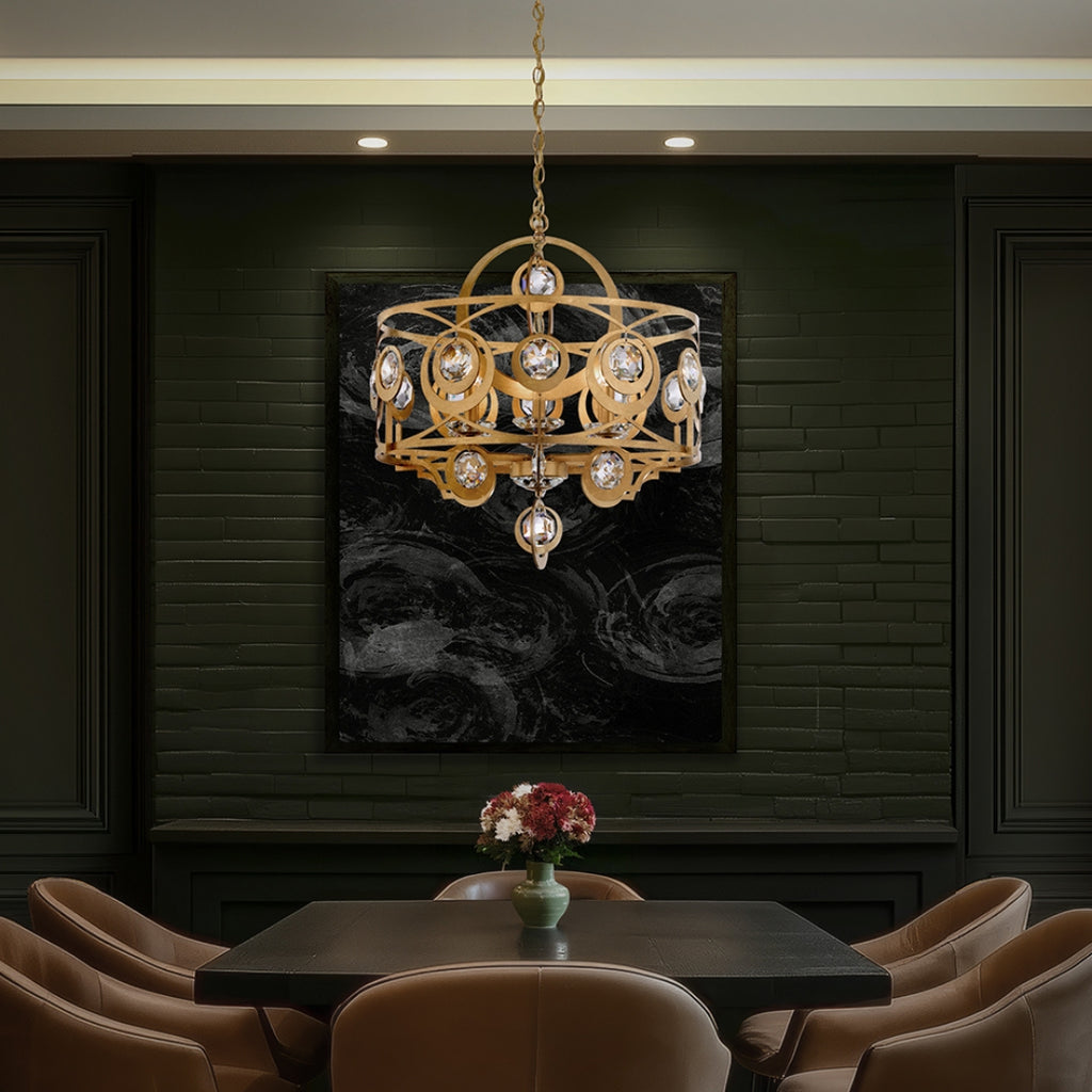 Luxurious dining room with a gold chandelier, dark walls, and a table with chairs.