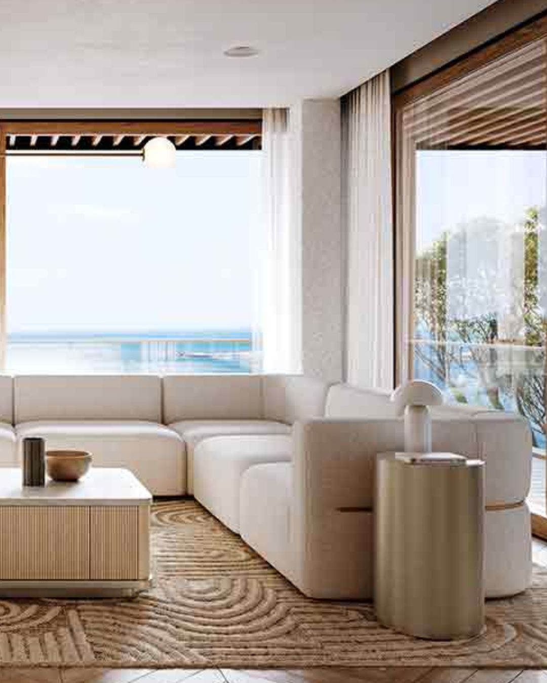 Modern living room with a beige sectional sofa, wooden coffee table, and decorative items.