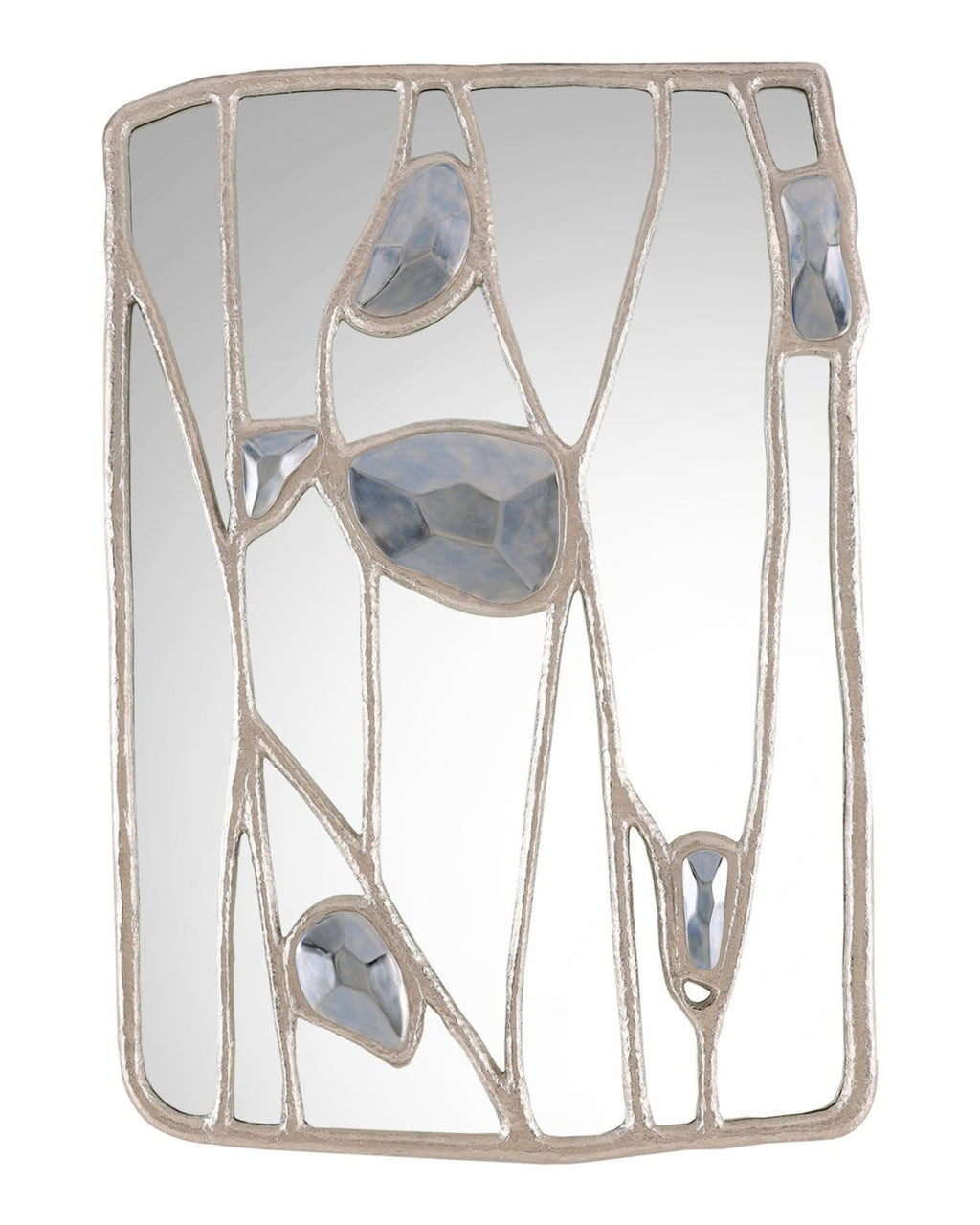 Decorative wall mirror with a geometric glass design on a white background