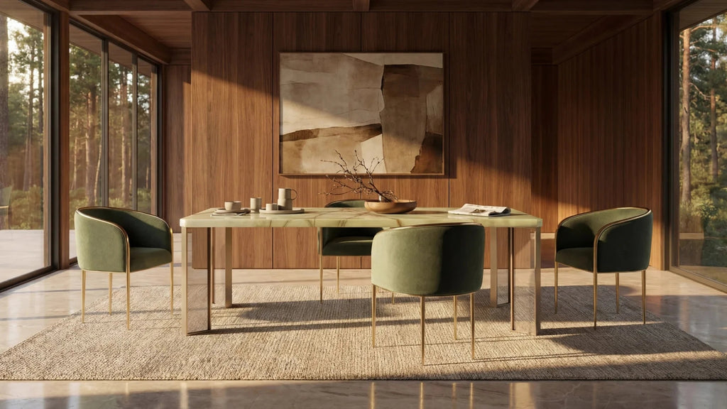 Alabaster glass and metal dining table with green and gold contemporary chairs.