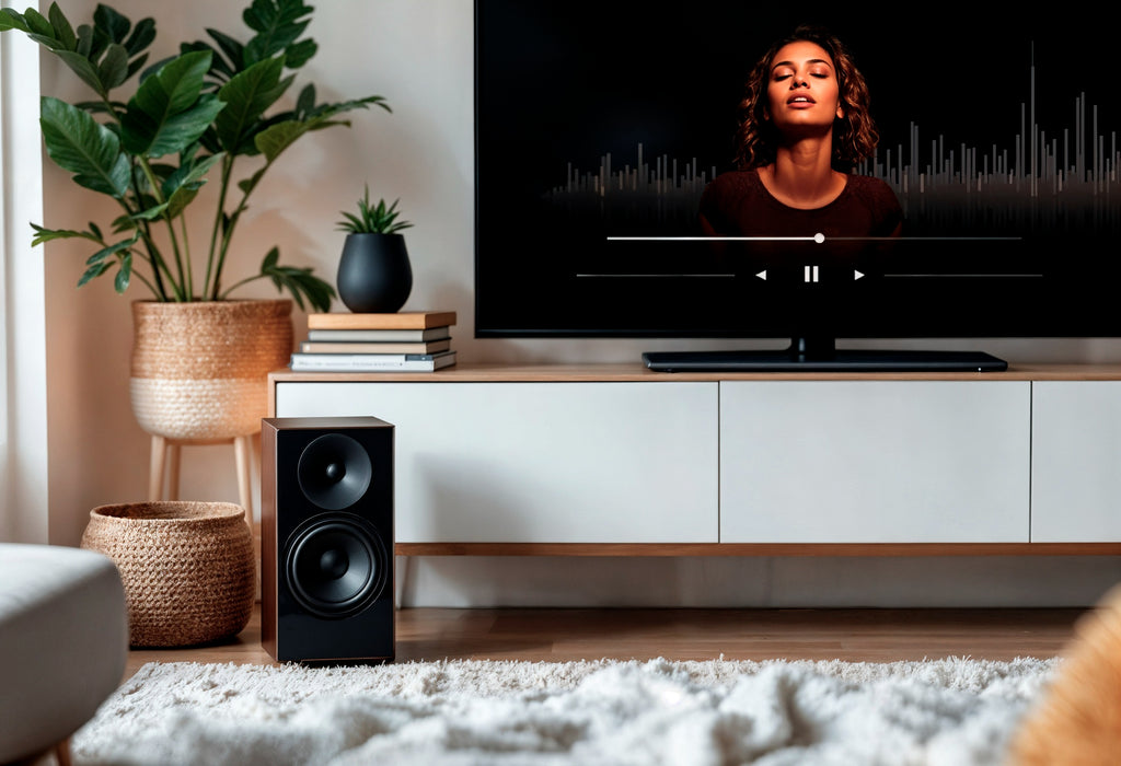 Low-profile walnut and white TV unit with push-to-open doors styled in a modern living room with a large TV, speaker, and indoor plants.