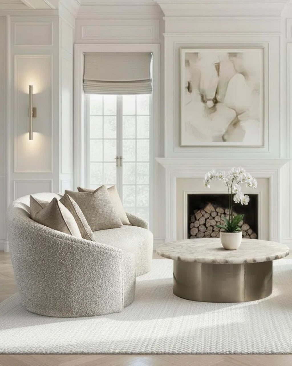 Modern living room with a white sofa, round coffee table, and abstract artwork.