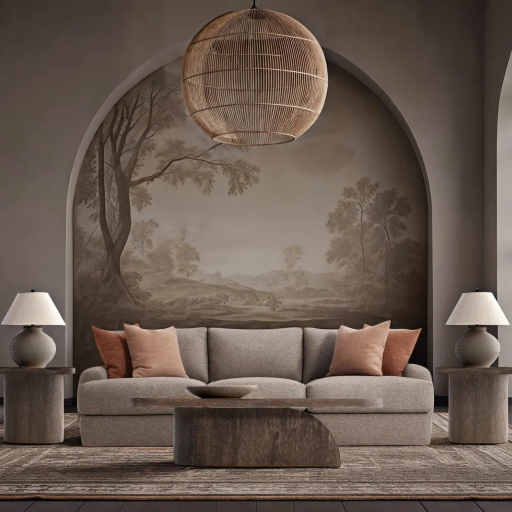 Living room with a gray sofa, decorative pillows, and a large wall mural.