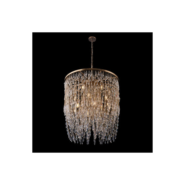 Crystal pendant chandelier with cascading faceted crystal strands, warm integrated lighting, and a gold-finished circular frame.