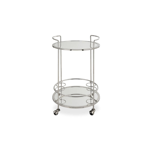 Round metal bar cart with two mirrored glass shelves, chrome-finished frame, integrated handles, and rolling caster wheels.