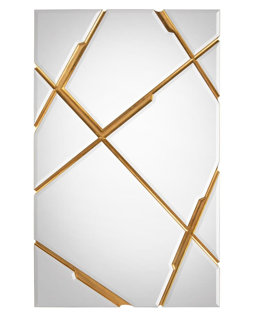 Decorative wall mirror with gold geometric frame on a white background