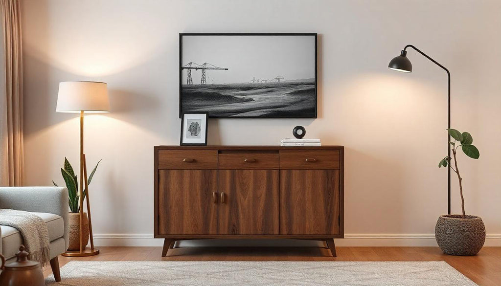 Mid-century modern walnut credenza with three drawers, cabinet doors, and tapered legs styled beneath framed wall art in a warm minimalist living room.