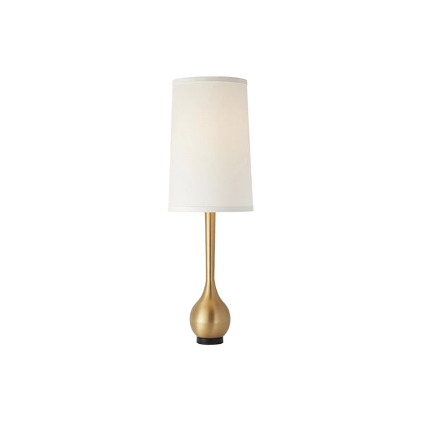 Table lamp with a white fabric shade and a brushed brass base featuring a slender stem and rounded base.