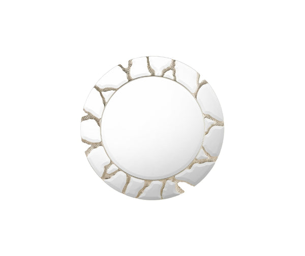 Round decorative wall mirror with a sculptural textured frame in soft neutral tones and an organic, cracked-pattern design.
