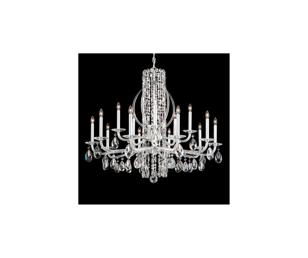 Elegant crystal chandelier with multiple candle-style lights, cascading faceted crystal drops, and a classic symmetrical design.